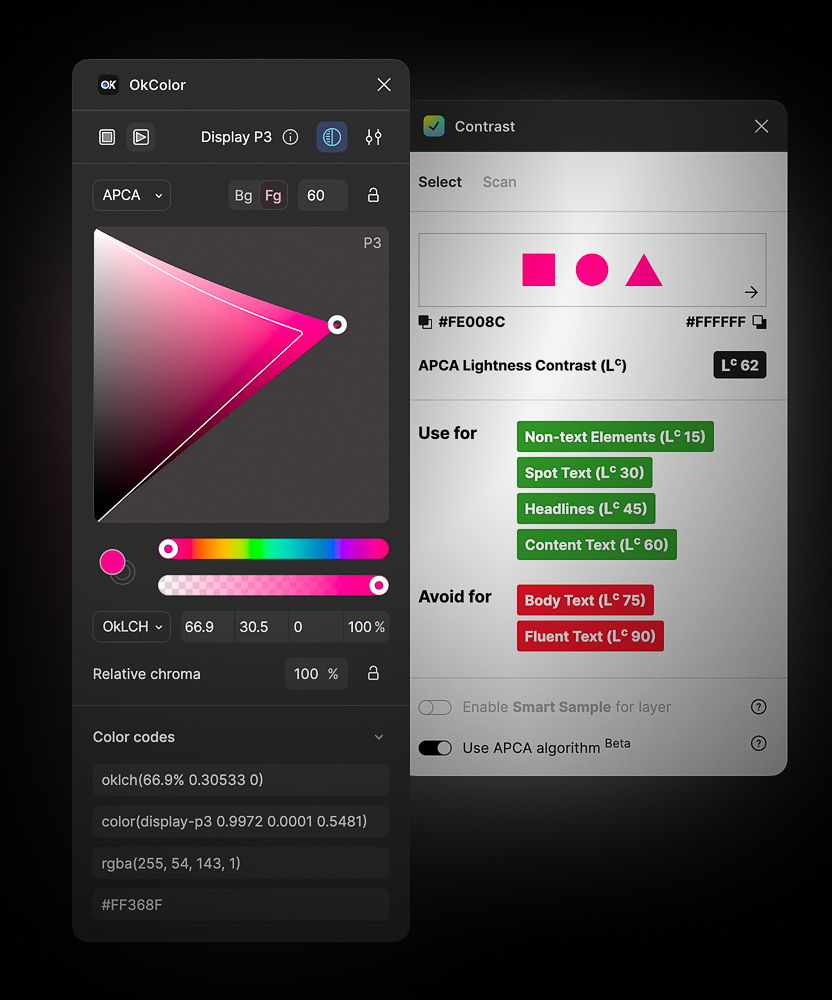 Figma plugins showing OKLCH color picker and APCA contrast results with usage recommendations for text sizes