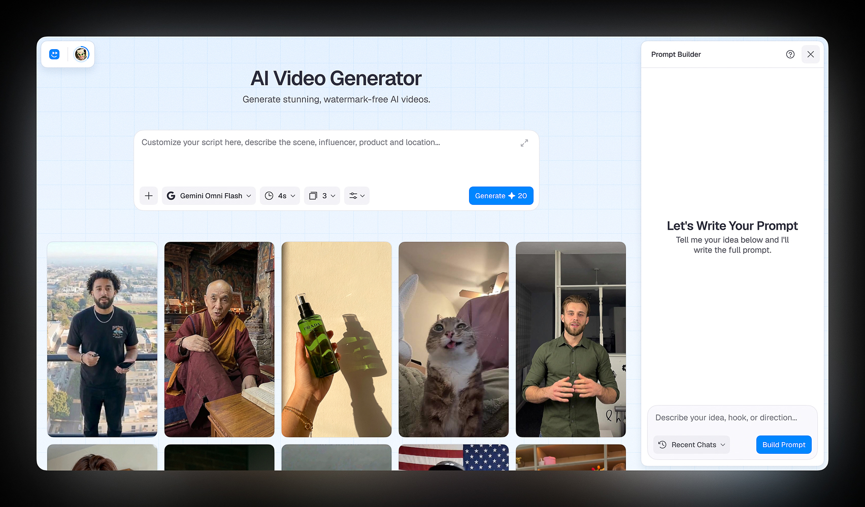 AI video generator home screen with a script field, model and duration controls, a gallery of generated videos, and a prompt builder panel