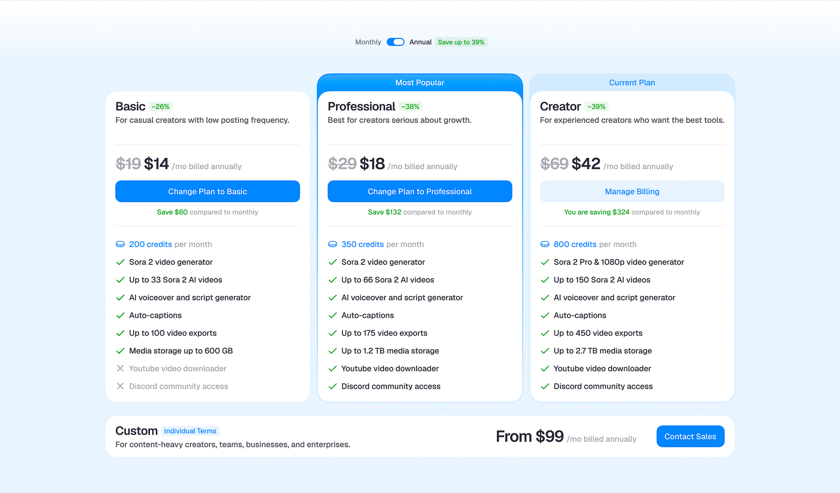Pricing page with monthly and annual toggle, three subscription tiers showing credits, video limits, storage, and a custom plan row