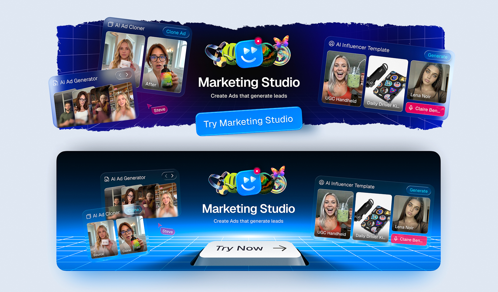 Two promotional banner variants for an AI marketing studio with layered product cards, logo, and call to action